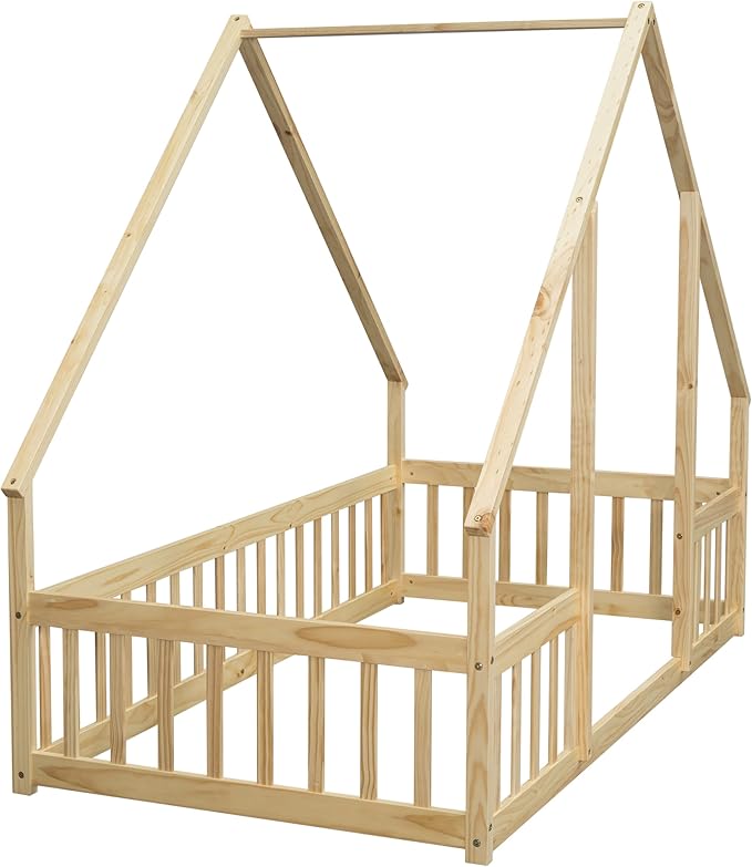 Bellemave Twin Floor Bed for Kids, Girls, Boys, Wood House Bed Frame, House Floor Bed, Twin Size Montessori Floor Bed with Fence, Playhouse, Natural