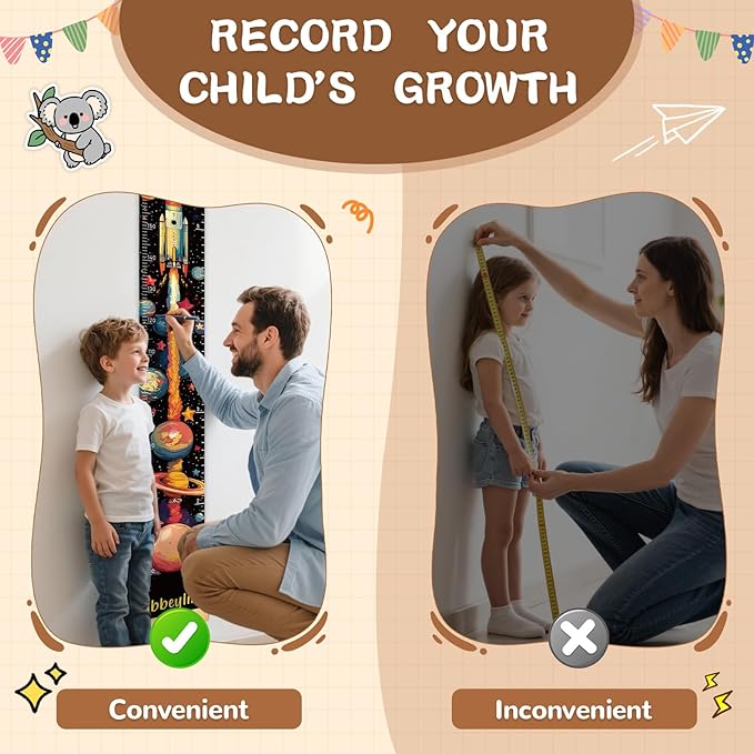 Personalized Name Space Rocket Height Chart for Kids, No-Drill Growth Chart for Wall, Hangable and Removable Growth Chart Ruler, Kids Room Decor & Thoughtful Birthday Gift for Boys and Girls