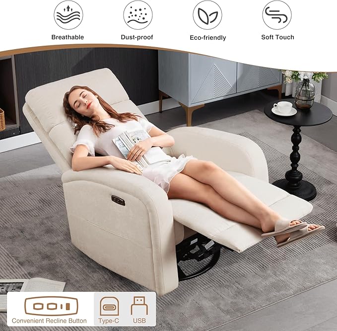 Glider Recliner Nursery Chair, Power Swivel Rocker Recliner with Adjustable Backrest Support, Swivel Rocking Nursery Recliner Chairs with USB and Type-C Ports for Living Room, Chenille Cream White