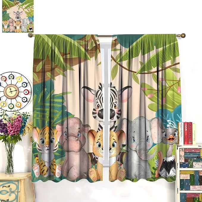 Animals Curtains Colorful Forest Cartoon Cute Zebra Tiger Elephant for Kids Boys Girls Nursery Bedroom Living Room Blackout Rod Pocket Decoration Window Drapes 2 Panels W26xL84in