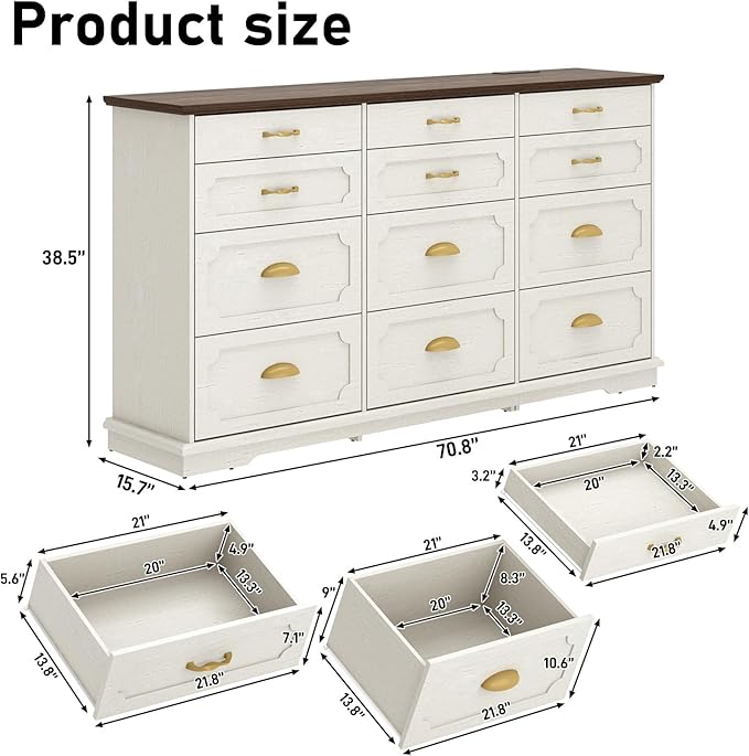70inch Large Long Dresser w/Charging Station,12 Drawer Dresser w/Deep Big Drawers,Wooden Chest of Drawers w/Power Outlet,White Dressers for Bedroom,Living Room,Entryway,Antique White