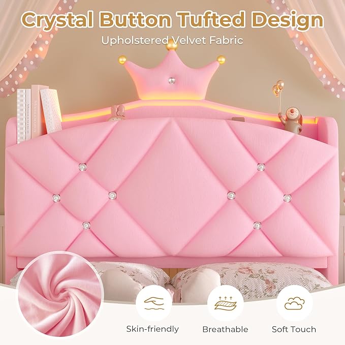 MSmask Twin LED Bed Frame with Storage Headboard & Drawer, Princess Upholstered Bed with Charging Station & Crystal Button & Crown, Velvet Platform Bed for Girls, Solid Wood Slats, Curved Legs, Pink