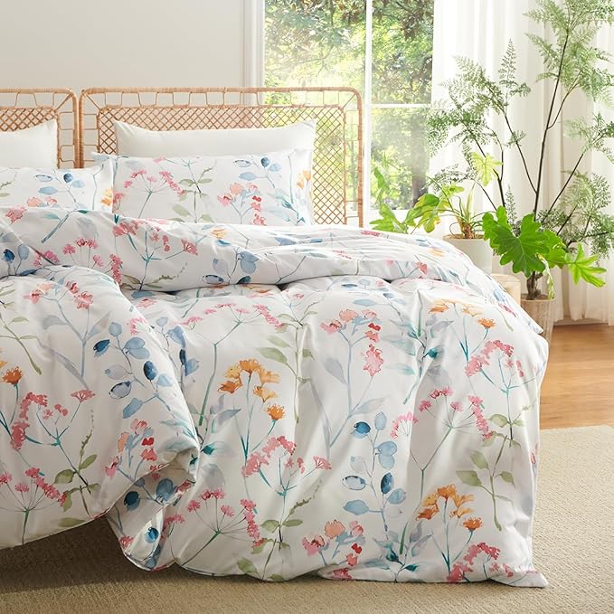 Floral Duvet Cover Full 3 Pieces Watercolor Flower Pattern Bedding Set for Girls Colorful Flower Aesthetic Bedding Soft Microfiber Farmhosue Comforter Cover with 2 Pillowcases