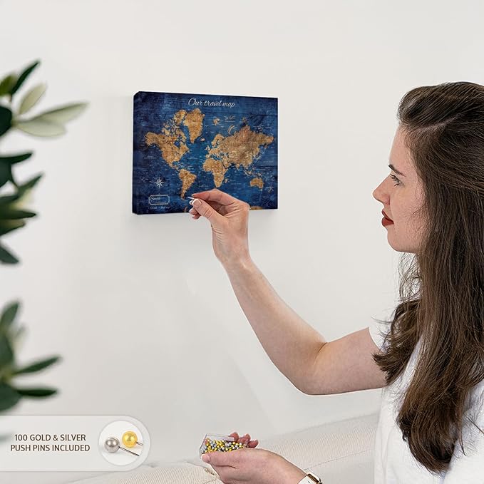 ElephantStock - Personalized Our Travel I Push Pin World Map Wall Art - Horizontal Canvas Wall Art - Living Room Wall Decor - Digital Art Map Canvas Art - Brown And Blue Decor - 12" x 8"