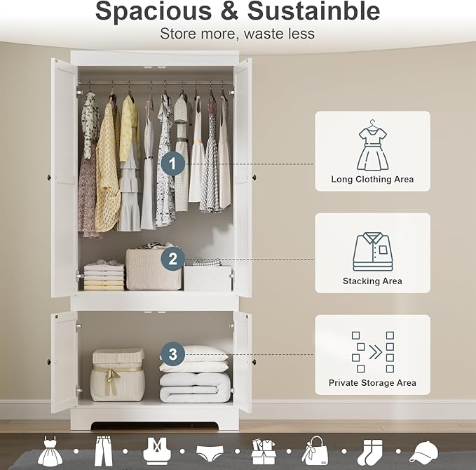 Wardrobe Closet with 2 Doors 2 Cabinets, 71" Tall Armoire with Hanging Rod Freestanding Large Capacity Clothing Wardrobe Cabinet w/Gold Handles for Bedroom-White