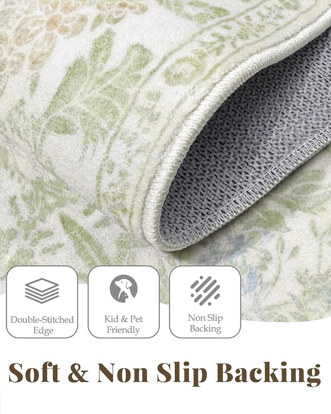 Sage Green Boho Area Rugs for Bedroom Aesthetic 8x10 - Washable Floral Farmhouse Large Rug for Living Room, Dining Room Under Table, Nursery - Soft Cottage Core Carpet with Low Pile & Non Slip