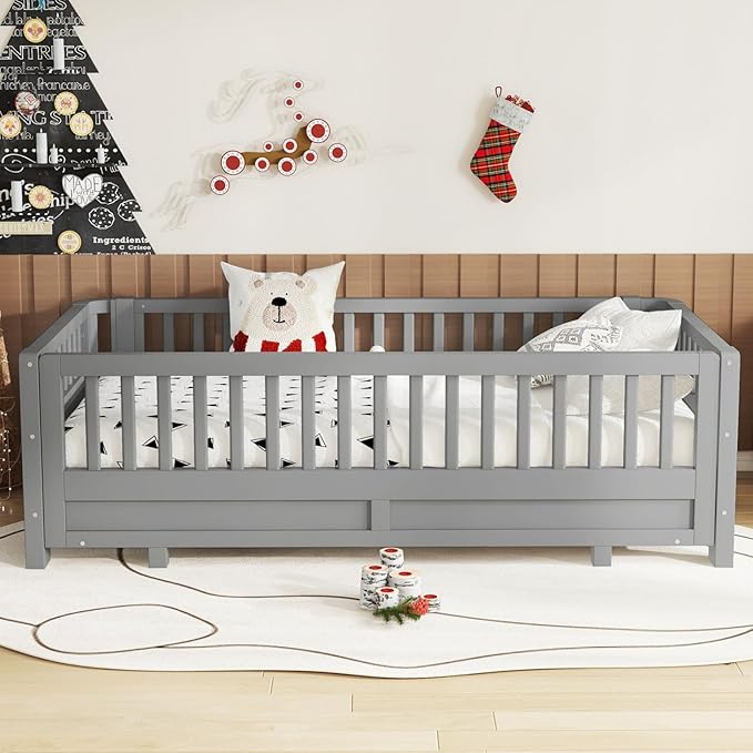 KEIKI Solid Wood Expandable Twin Size Floor Bed for Kids with Guardrails, Can Be Converted into a Double Twin Bed Platform, Montessori Low Profile Bedframe Daybed for Girls Boys, No Box Spring Needed