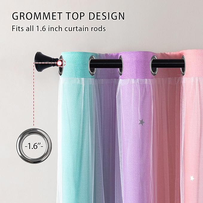 XiDi Blackout Curtains for 84 inches Long, Girls Bedroom Decro, Window Ombre Curtains 2 Panel Sets, Kids Room Unicorn Princess Theme Home Decor Colorful Rainbow Design Pink/Purple/Green