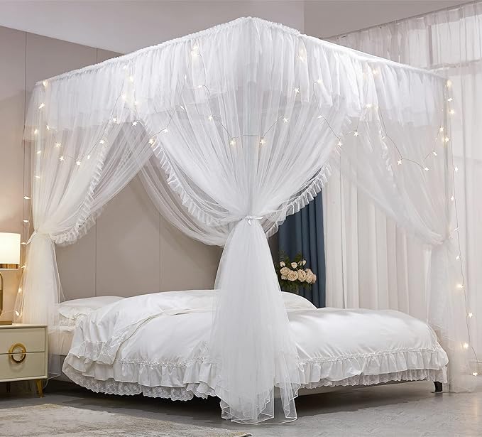 VETHIN 4 Corners Post Ruffle Princess Bed Canopy Curtain-Double Layer Cozy Drape Netting 4 Opening Mosquito Net for Girls Adults Bedroom Decoration (White/White, 47" W*78" L*82" H/Twin)