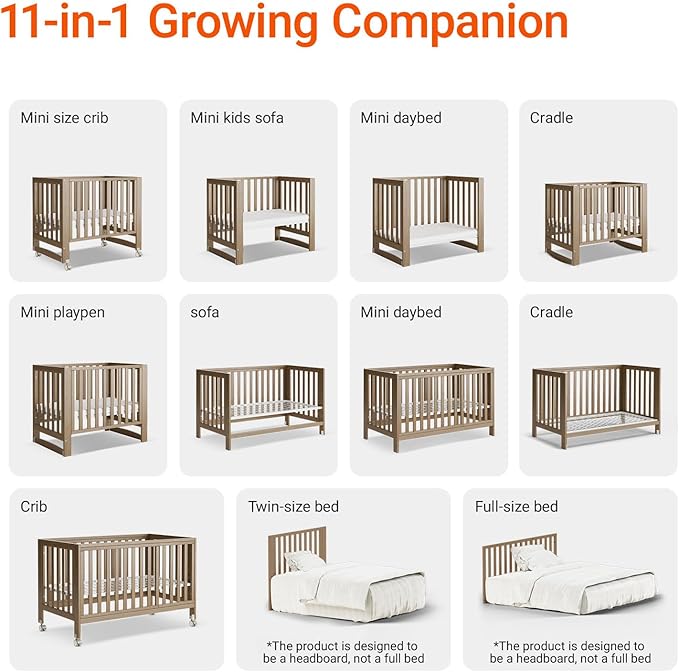 MAMAZING EvoNest Baby Crib, 11 in 1 Convertible Mini Crib with Wheels, 100% New Zealand Wood Growing Bed, 4 Adjustable Mattress Height, Walnut Brown
