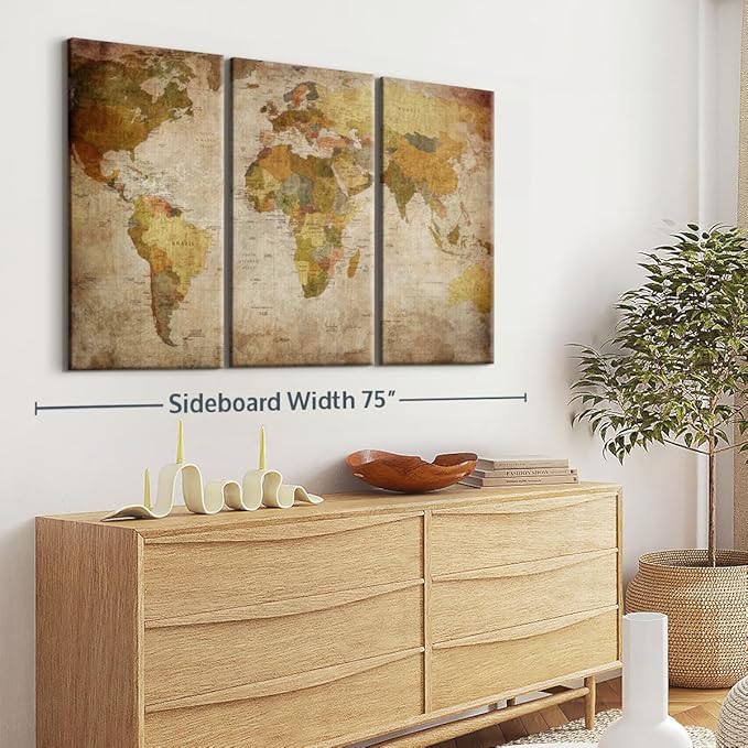 ElephantStock World Map Multi Piece Canvas - 3 Piece Canvas World Map Wall Decor - Wall Decor - Ready-to-Hang Print - Vintage Wall Art - 65" X 42"