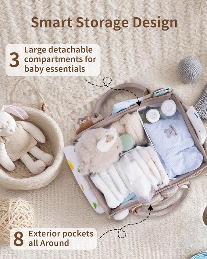 CEI-CEI Baby Diaper Caddy Organizer with Handle, Large Portable Nursery Storage Basket for Newborn Essentials, Changing Table and Car Organizer, Gift for Baby Shower