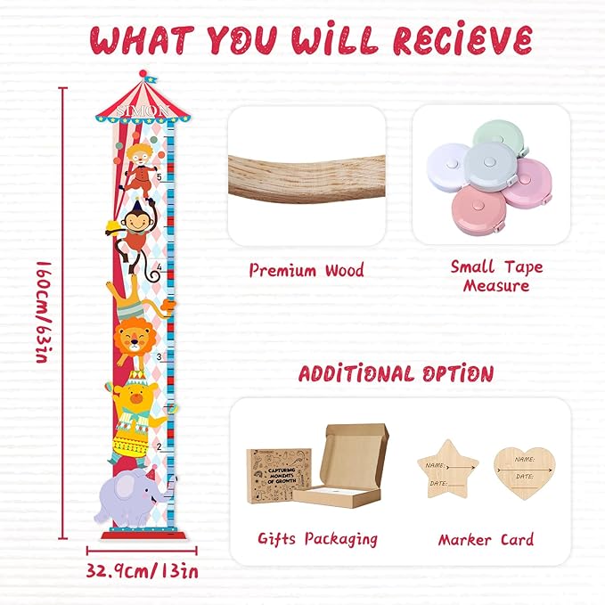 Personalized Growth Chart for Wall, Circus Animals Height Measurement for Kids, Wooden Growth Chart for Kids Room Nursery Wall Decor