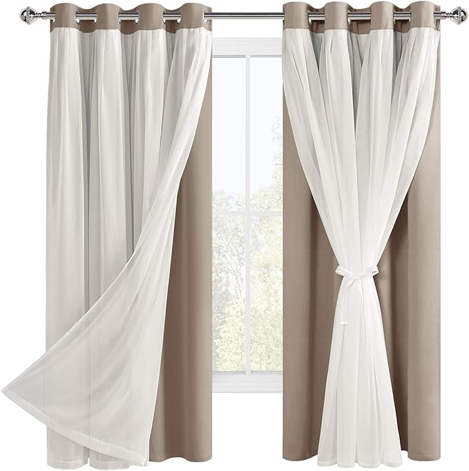Hiasan Blackout Curtains with Sheer Overlay, Grommet Thermal Insulated Privacy Mix and Match Double Layer Window Curtains for Girls Bedroom, Living Room, 2 Drape Panels with Tiebacks, Camel, 52W X 63L