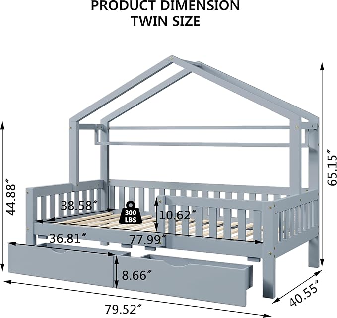 Aoowow Twin Size House Bed with Storage Drawers and Shelf,Kids Wooden Bed Frame Twin Platform Bed with Slats and Fence for Boys Girls Teens for Bedroom(Grey)