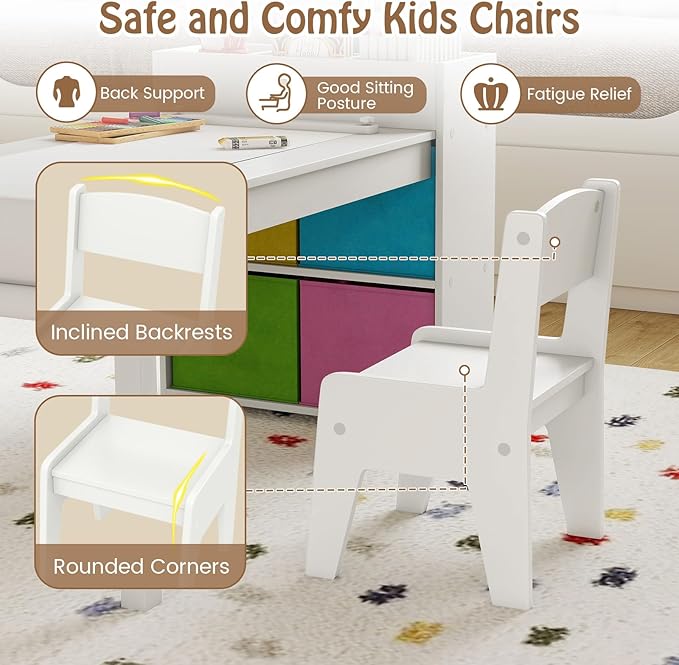 Costzon Kids Table and Chairs, 3 in 1 Wooden Art Drawing Desk Set w/ 4 Fabric Bins, Multiple Open Storage Compartments & a Paper Roll, Toddler Table and Chair Set for Children Playroom(White)