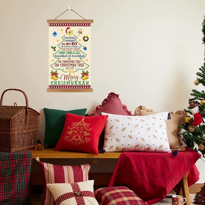 KAIRNE Merry Christmas Wall Art,Colorful Christmas Tree Poster(13.7X22 inch),Hanukkah Wall Decor with Wood Magnetic Hanger,Christmas Gifts for Holiday Party Living Room Bedroom Office Coffee Decor