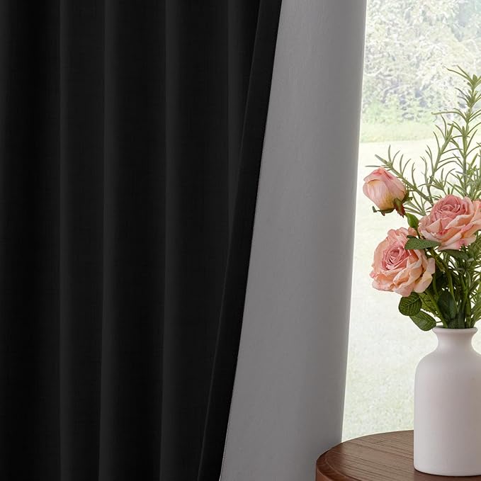 INOVADAY 100% Blackout Curtains for Bedroom, Black Out Curtains 120 Inch Long, Clip Rings Linen Blackout Drapes, Thermal Insulated Room Darkening for Living Room, 2 Panels - Black,W50xL120