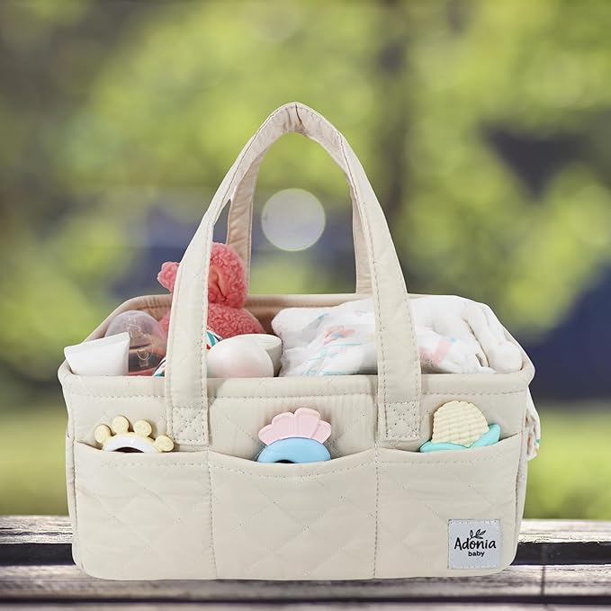 Adonia & Co Diaper Caddy Organizer – Large Nursery Storage Basket for Newborn Essentials – Portable & Machine Washable (Beige)