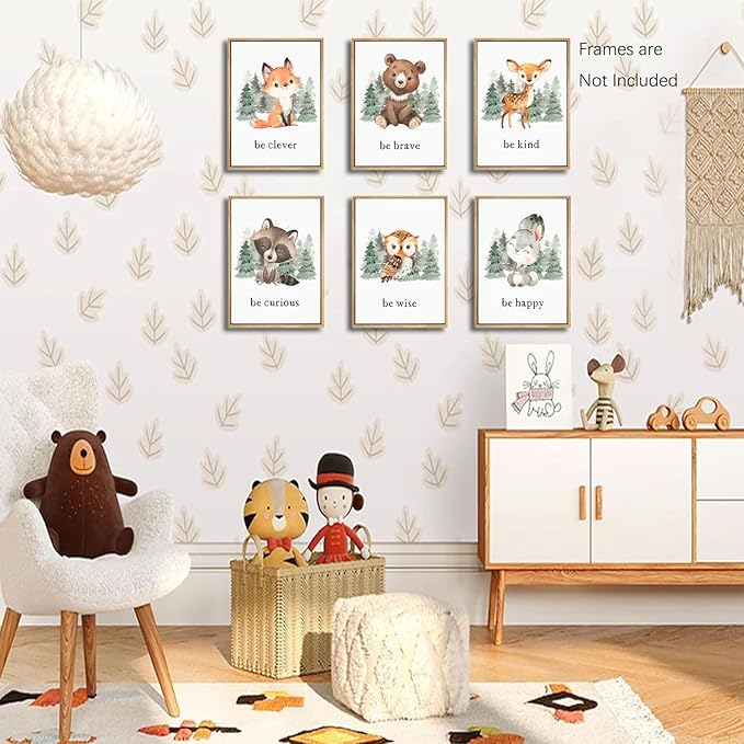 Wodkwq Nursery Wall Art Woodland Animal Canvas Prints Baby Girl Boy Room Decor Cute Poster Pictures Forest Theme Toddler Room Decoration Painting Set of 6 for Kids Bedroom Bathroom 8x10in Unframed
