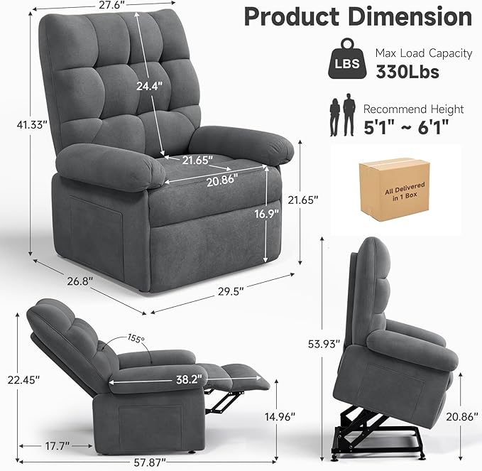 Power Recliner Chair for Elderly, Lift Chairs Triple Motor with Infinite Position, Seniors Electric Stand Assist, Single Sofa with Side Pockets for Living Room, Grey