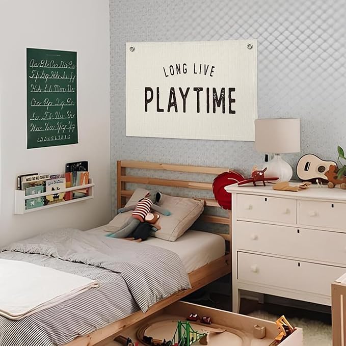 Long Live Playtime Linen Banner Wall Hanging Canvas Flag Decor for Toddler Boy Kids Room Nursery Playroom