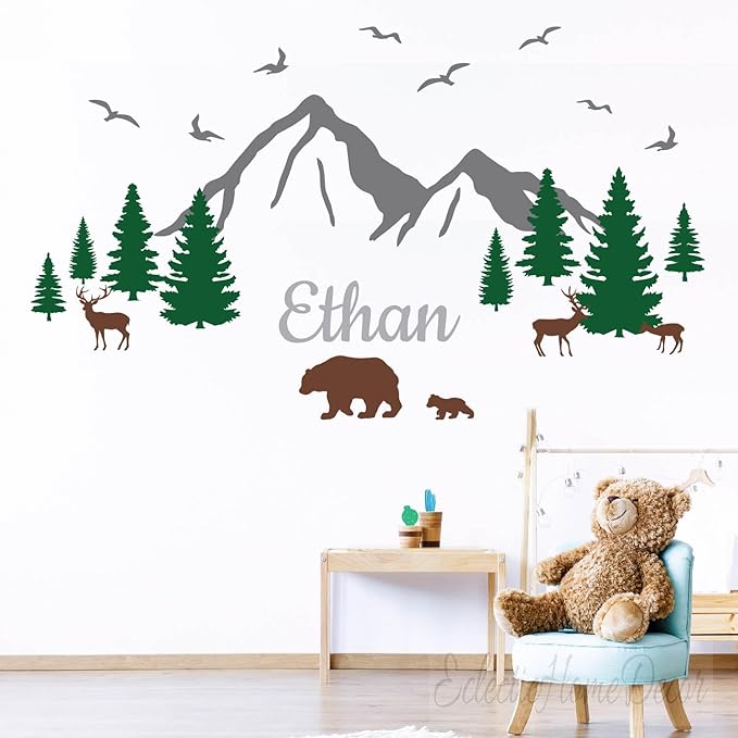 Custom Name Mountains Wall Decal Nursery Boho Theme Nursery Wall Sticker Wall Art Bear Trees Wall Decor Kids Wall
