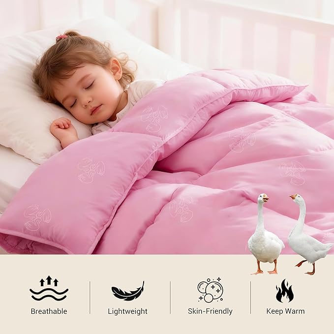 ZPECC Toddler Goose Down Comforter, 41x48 Hypoallergenic Baby Duvet Insert, Soft Lightweight All Season Quilt Blanket for Crib Daycare Stroller Pink