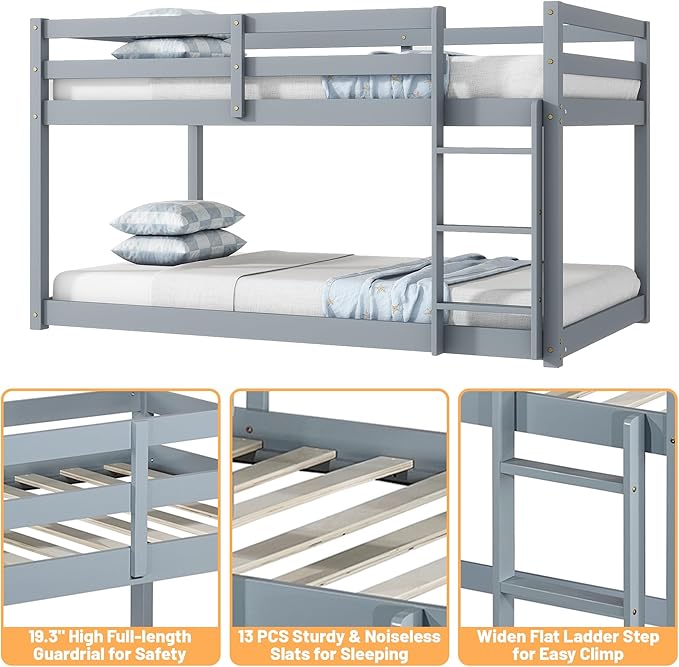 Bunk Bed Twin Over Twin, Wood Low Profile Floor Twin Bunk Beds with Ladder Guardrails for Kids Boys and Girls, No Box Spring Needed