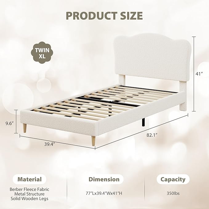 GarveeHome Upholstered Twin XL Size Bed Frame for Kids with Scallop Headboard, Cute Velvet Twin XL Bed for Girls, Boys, Sturdy Platform Bed, No Box Spring Needed, Wooden Slats, Noise Free, White