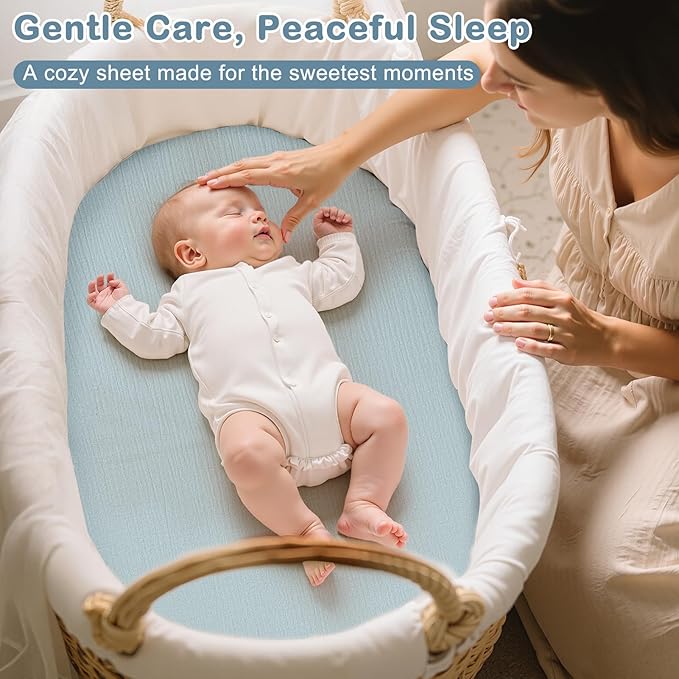 Basumee Muslin Bassinet Sheets for Baby Girl Boy 2 Pack Soft Breathable Baby Bedside Bassinet Fitted Sheets with Bottom Elastic Band 33''x17''x4'' Mattress Cover for Rectangle Oval Hourglass Bassinets