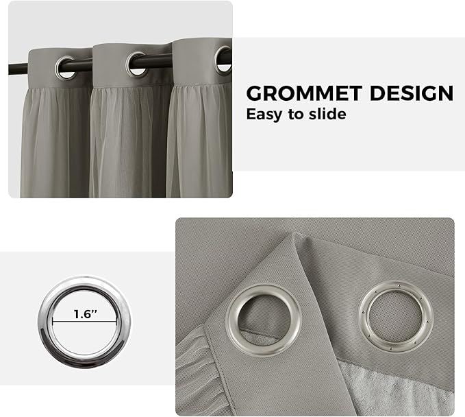 100% Blackout Curtains for Bedroom, Double Layer Grey Curtains, Black Out Curtain 108 inch Long with Sheer Overlay for Living Room, Room Darkening Window Drapes with Grommet, 52" W x 108" L