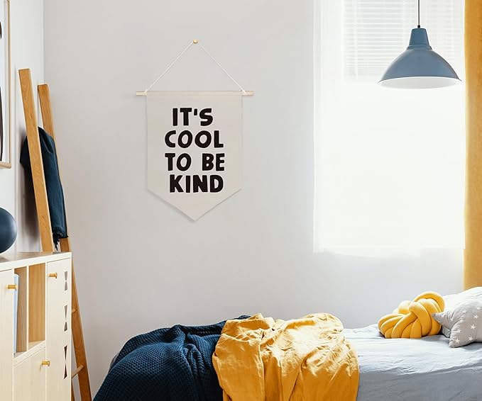 QODUNG Baby Nursery Banner,It's Cool to be Kind,Modern Toddler Kids Room Decor,Neutral Cool Wall Decor,Canvas Hanging Pennant Wall Flag for Boys Bedroom Playroom Kidsroom