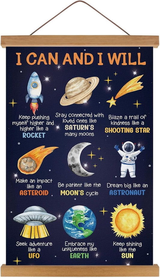 KAIRNE Outer Space Poster,I can I Will Positive Space Themed Decor,Rocket Prints Astronaut Hanging Canvas With Magnetic Hanger,Motivational Wall Art for Boys Room Bedroom Kids Classroom Decor