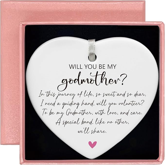 Heart Shaped Christmas Ornament-Godmother Proposal Keepsake-First Time Godmom to Be Pregnancy Announcement Present-Christening Baptism Decor-Will You Be My Godmother