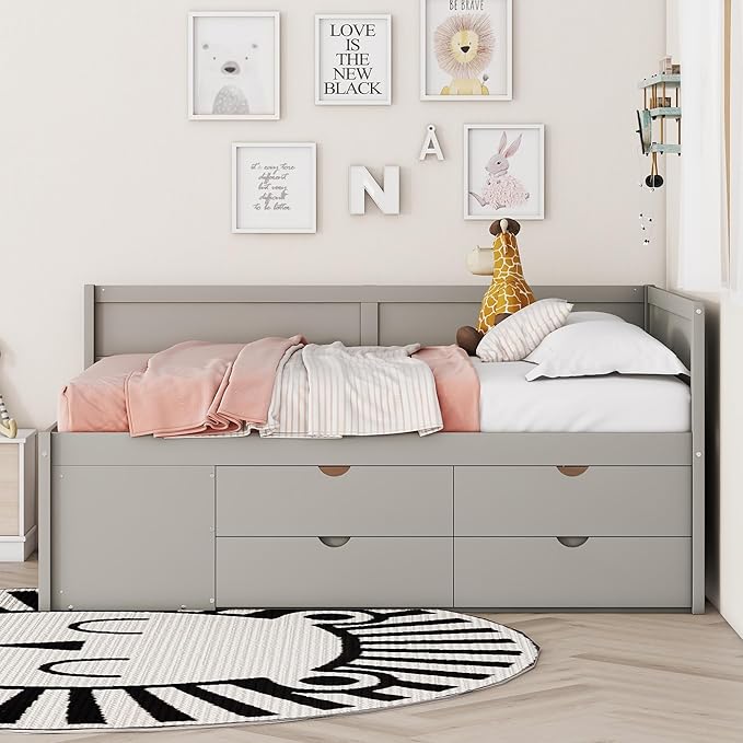 Full Size Daybed with 4 Storage Drawers and Shelves, Wooden Full Platform Bed Frame with L-Shaped Headboard and Slats Support, Corner Bed Full Captain Beds for Kids Boys Girls Teens, Gray