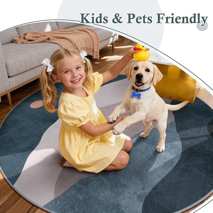 6ft Abstract Round Rugs for Bedroom,Soft Washable Non-Slip Large Circle Rug,Chic Faux Wool Mountain Low-Pile Carpets for Kidsroom/Nursery/Living Room/Classroom(Blue)