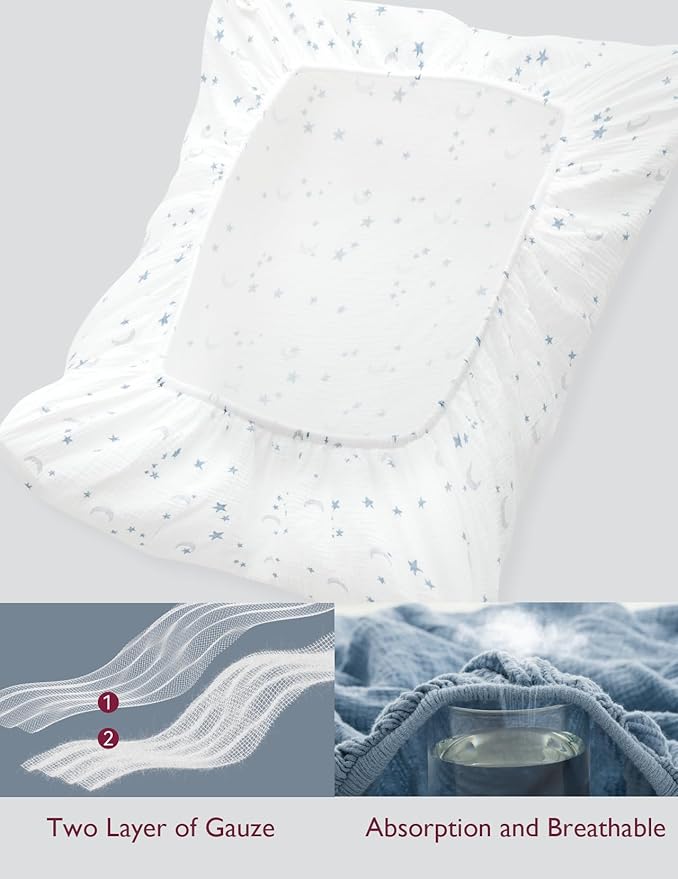 Momcozy Muslin Standard Fitted Crib Sheets, 52"x28", 2 Pack Soft Breathable Natural Cotton Baby Mattress Sheet, 360° Mattress Wrapping No Slip Boys Girls Neutral Toddler Bed Sheet, Blue Star Moon