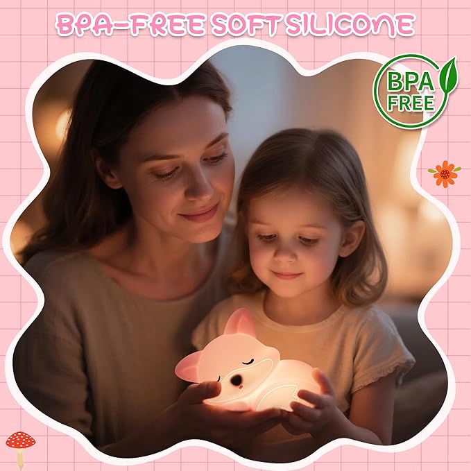 Fox Lamp for Girls, Pink Silicone Squishy Fox Shaped, 20 Mins Auto-Off Rechargeable Dimmable Night Light, Fox Gifts for Nursery Baby Girl Women, Christmas White Elephant Gifts Idea