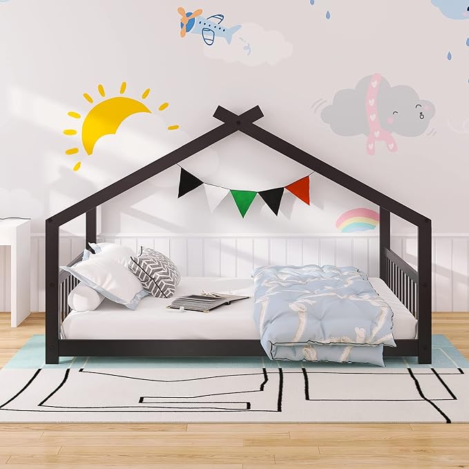 Ball & Cast Full Size Floor Bed,Low to Ground Design Montessori Bed with Roof,Toddler House Bed Frame W/Slats,No Box Spring Needed,for Girls Boys,Espresso