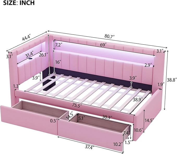 Twin Size Daybed with Storage Drawers and L-Shaped Bookshelf Headboard, Linen Upholstered Soft Corner Bed with Shelves, Charging Station and LED Belt for Kids Boys Girls, Pink