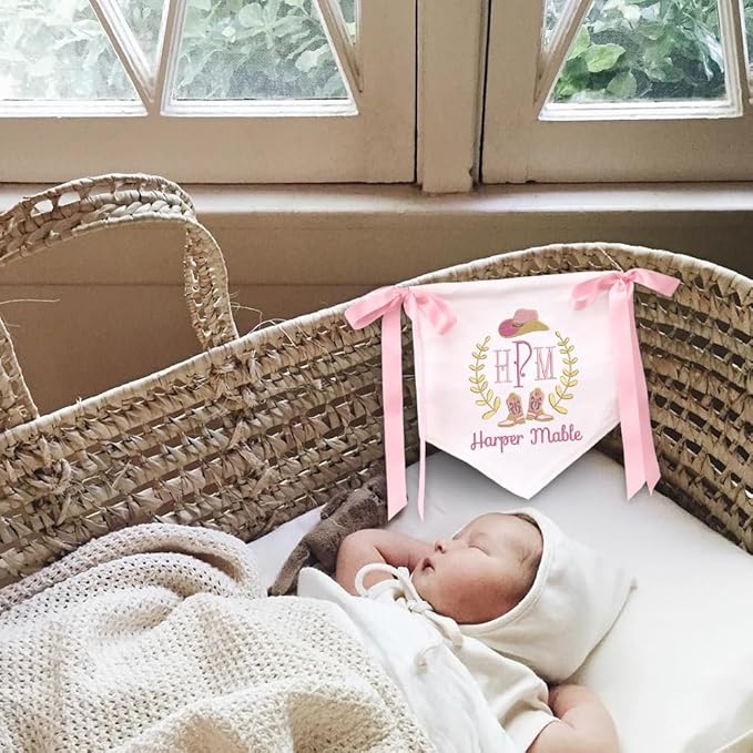 Embroidered Baby Name Sign Personalized Baby Announcement Sign Newborn Baby Banner with Bows Baby Hospital Name Sign Canvas Hanging Pennant Flag Custom Infant Baby Name Baby Shower Banner (11)