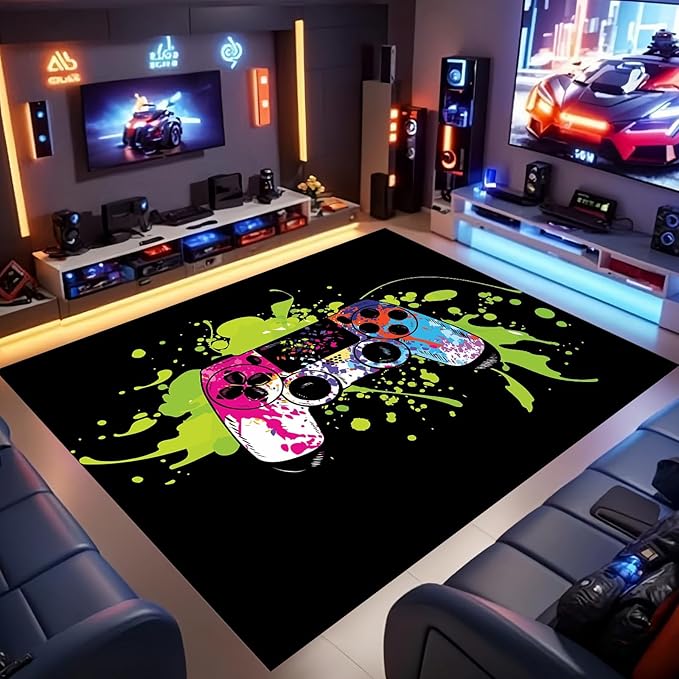 6x8ft Video Game Rug Consoled Gamepad Area Rug for Playroom Man Cave Teen Bedroom Decor Gamer Rugs Durable Stain Resistance Machine Washable Non-Slip Gaming Mat