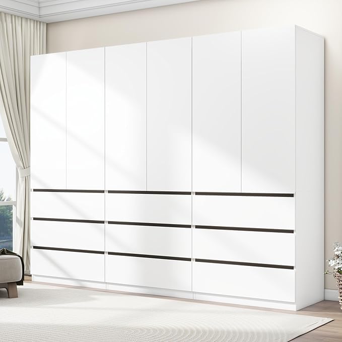 Armoire Wardrobe Closet with Drawers：75" Large White Wardrobe Closet Cabinet with 6 Doors for Hanging Clothes, Modern Wooden Bedroom Armoires with 9 Drawers and Storage (B+B+B, 94.5")