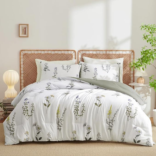 Nayoroom Floral Comforter Set Queen Size Reversible White Green Botanical Flower Comforter 3 Pieces Soft Lightweight Cottagecore Bedding Set for All Seasons