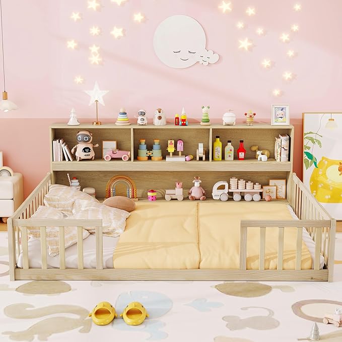 KOMFOTT Full Floor Bed with Bookcase & Shelves, Wood Bed Frame with Bedside Bookshelves & Guardrails, Versatile 2-in-1 Montessori Floor Bed for Kids (Full,Natural)