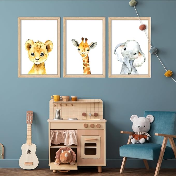 YWJKWLGS Baby Safari Nursery Wall Decor 16"x24" Set of 3 Cute Animal Giraffe Elephant Lion Prints Sign Wood Framed for Children's Room Wall Art (Wood)