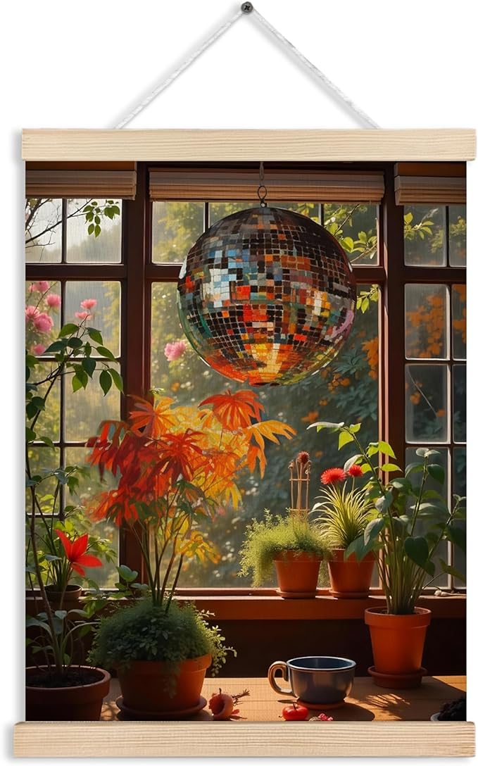Vintage 1970s Funky Disco Ball Wall Art, 70s Home Room Decor, Retro Houseplants Warm Aesthetic Canvas Wall Art Poster Hanger Frame for Home Bedroom Living Room Bathroom Conservatory, 12x16 Inch