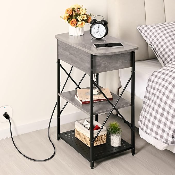 Livofloral Narrow Side Table with Charging Station, End Tables Set of 2 for Small Spaces, Flip Top End Table with Storage, End Tables Living Room, Nightstand Set 2 with Drawer for Bedroom, Grey