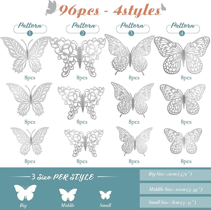 3D Gold Butterfly Wall Decor 3 Sizes 4 Styles Butterfly Party Decorations Cake Decorations Removable Stickers Wall Decor Room Mural Metallic Kids (Silver, 96Pcs)